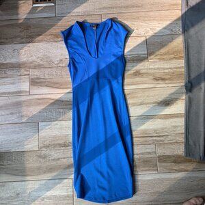 Revamped Women’s Blue Bodycon Midi Dress Size M Cap Sleeve Scoop Neck